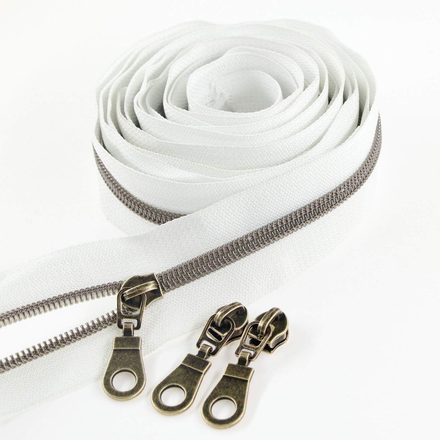 Leekayer #5 Antique Brass Metallic Nylon Coil Zippers by The Yard Bulk 10 Yards White Tape with 25pcs Antique Brass Sliders for DIY Sewing Tailor Craft Bag(White)