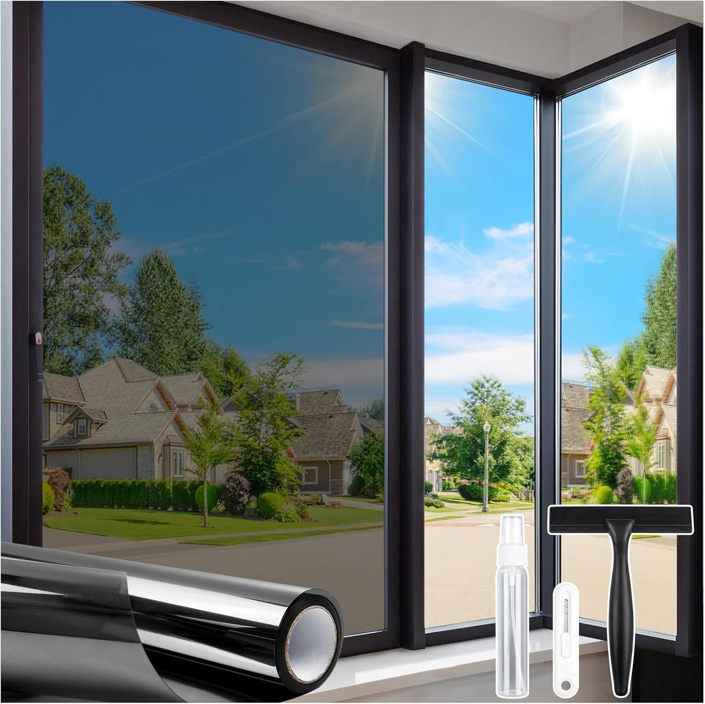 Homein One Way Privacy Window Film with Tool Window Tint for Home Film See Out Not in Heat Control Sun Blocking Mirror Reflective Anti UV Covering Static Cling No Glue Black-Sliver 17.5 x 78.7 inch