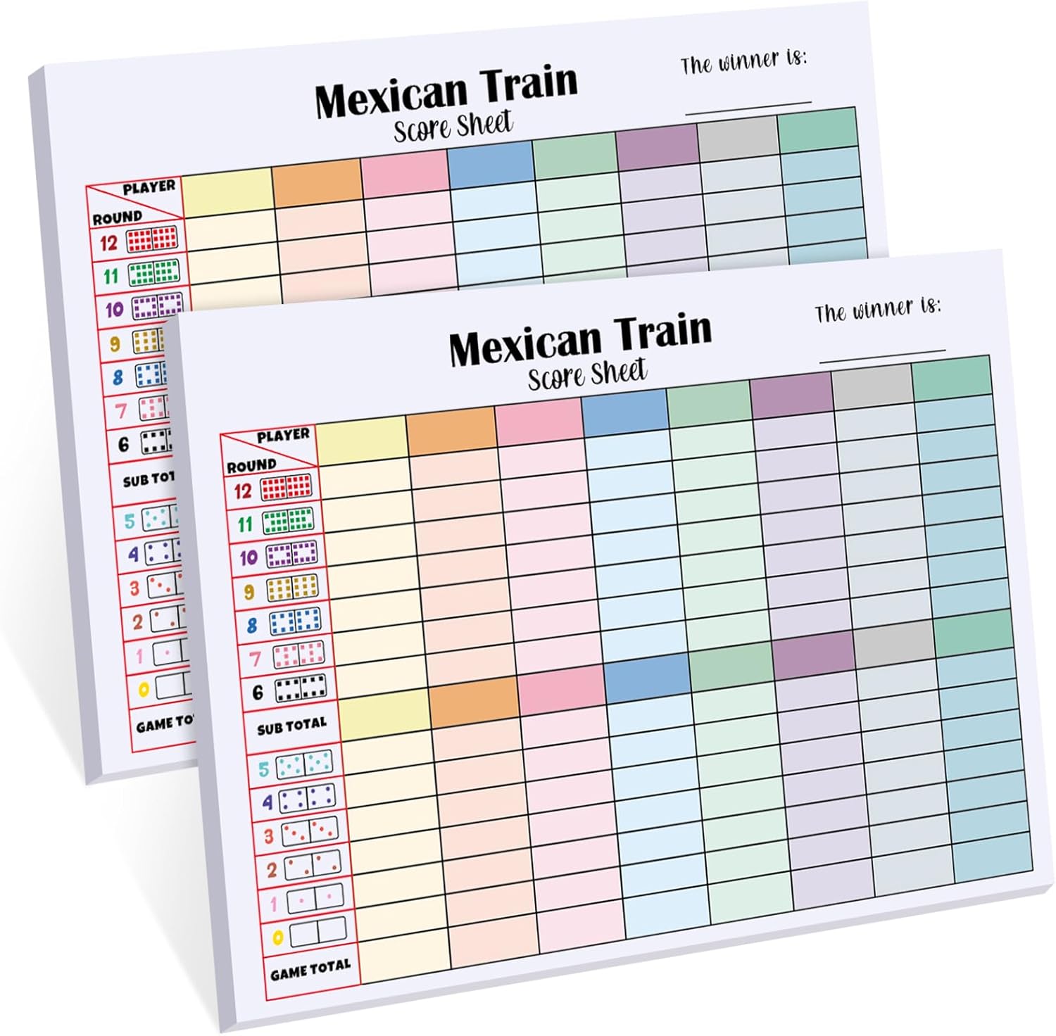2 Pack 120 Sheets Mexican Train Score Pads Colorful Chicken Foot Dominoes Game Scorepad Adult Mexican Train Score Sheet Scoreboard Paper Record Clearly for Family Game (6.7 x 5 Inches)