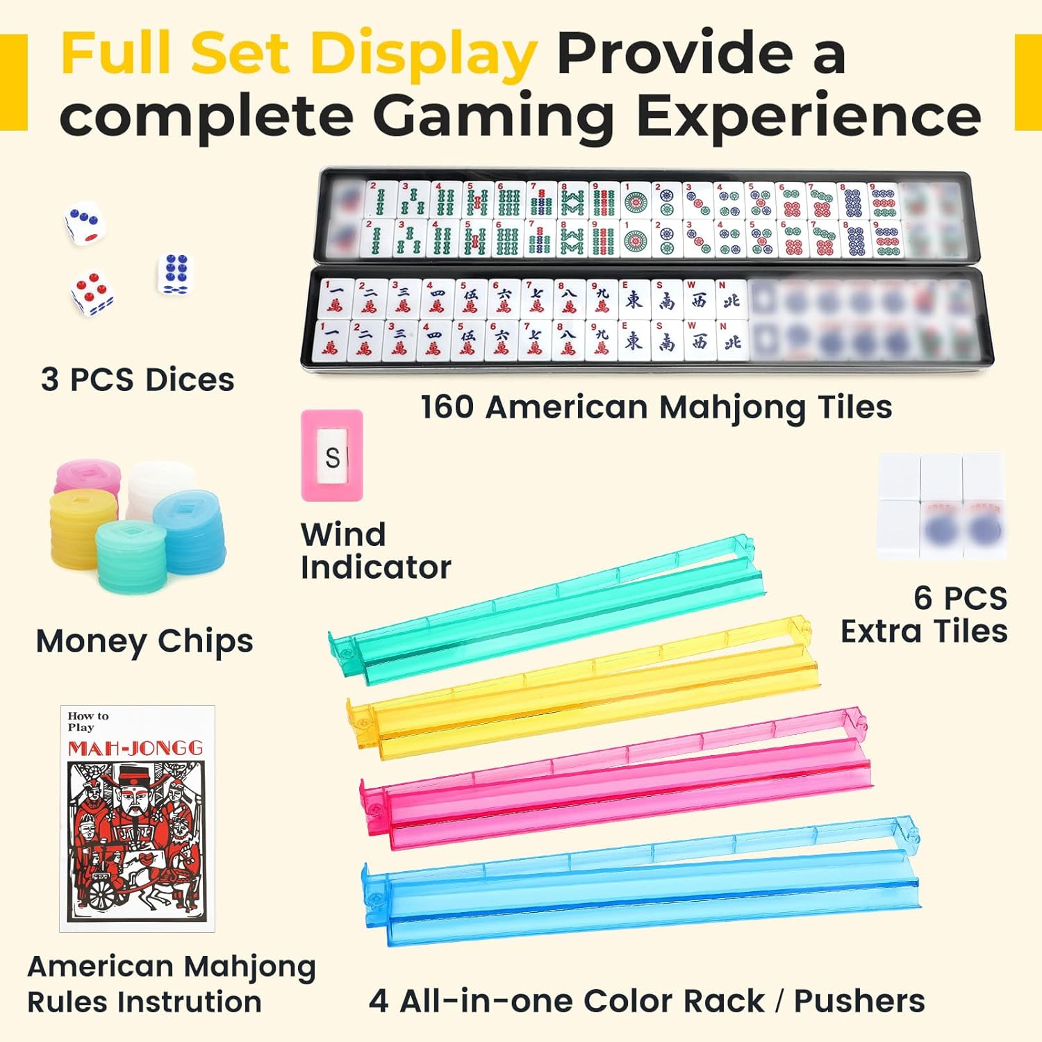 Mahjong Tile Set,166 White Tiles Mahjong Set,4PCS Mahjong Racks with Pushers,Travel Mahjong Set with Flower Carrying Bag