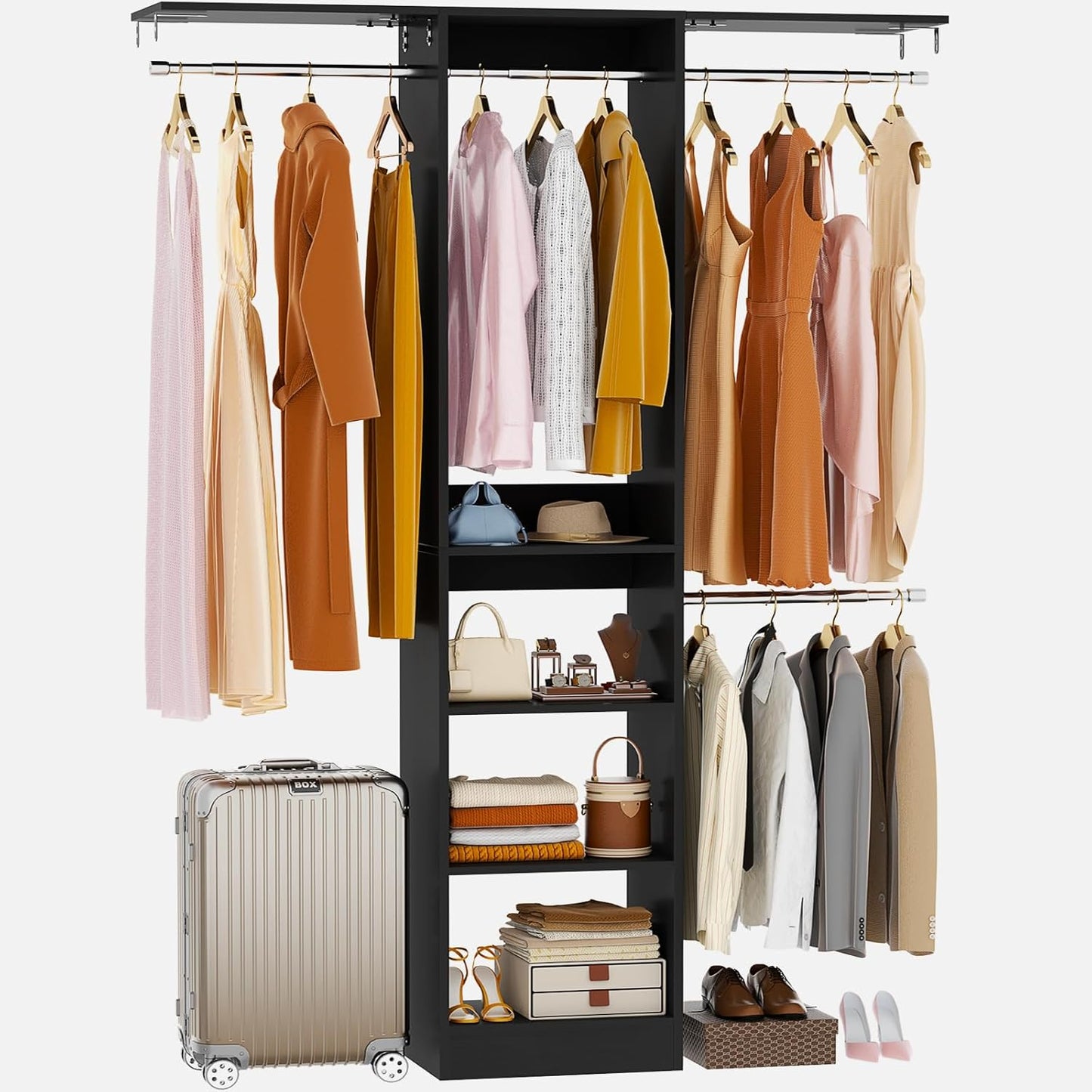 48" Small Closet Organizer, 4FT Small Closet System with 4 Closet Rods & 3 Shelves, 80"H Small Closet Organizers and Storage for Small Bedooms, Cloakrooms, Laundry Rooms, Black