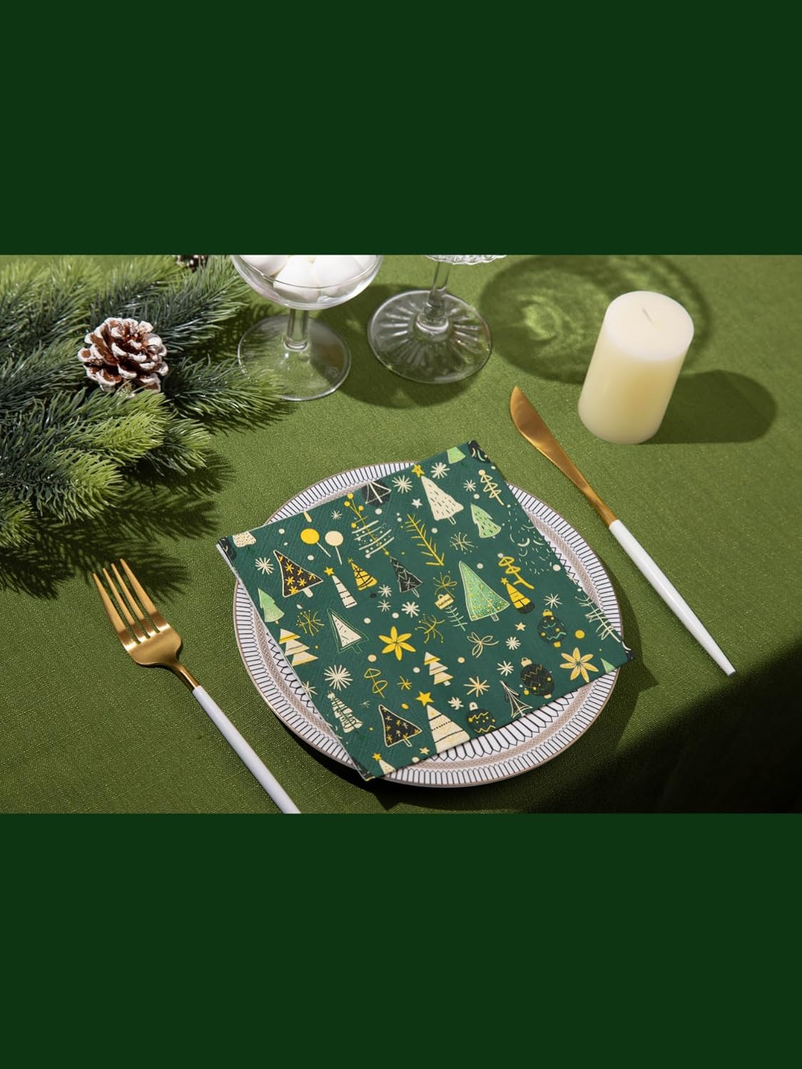 Premium Designer Paper Napkins, 3-Ply 6.5 x 6.5-inches Fold Disposable Decorative Winter Guest Christmas Holly Green Festive New Year Tree Party Lunch Dinner Napkin (20, Festive Green)