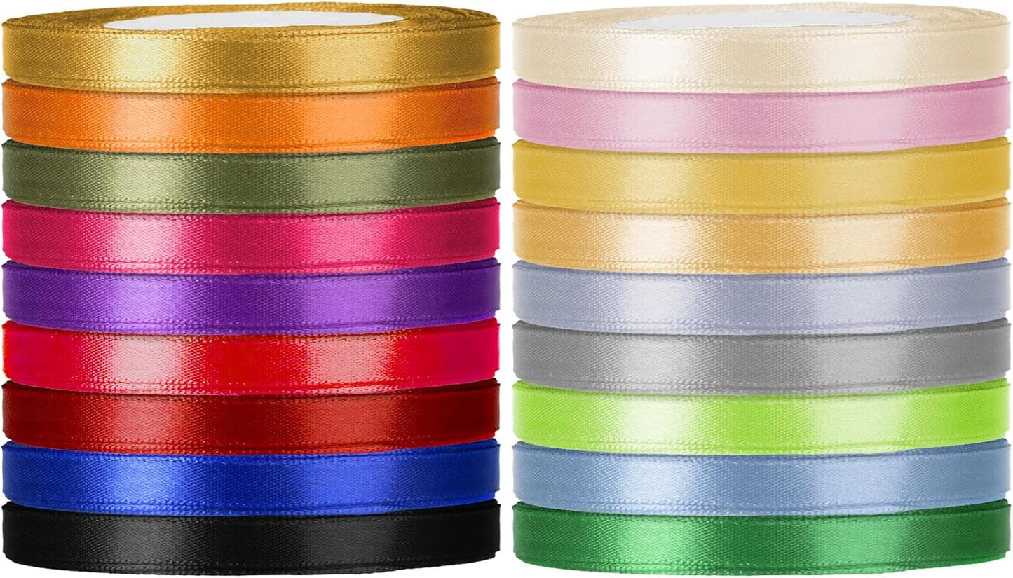 ABSOFINE 18 Colors Satin Ribbon Polyester, 1/4 inch Solid Fabric Ribbon Roll for Gift Wrapping, DIY Crafts, Wedding Christmas Birthday Party Decorations