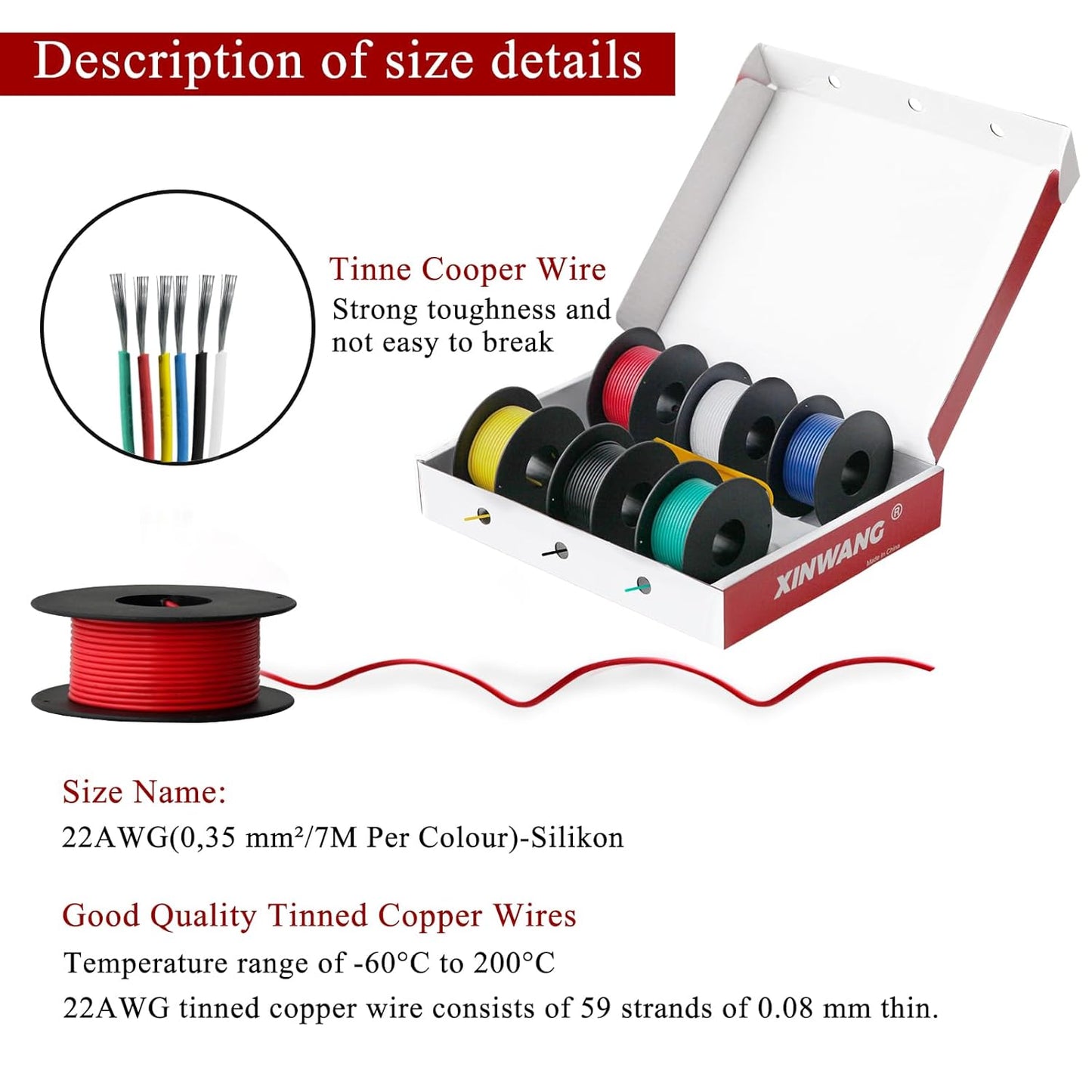 22 Gaug Electrical Wire,22 awg,22 awg Silicone Wire-XINWANG 22 Gauge Stranded Tinned Copper Wire with Silicone Insulation(OD: 1.9mm) 6 Colors,23ft Each, Hook Up Wire Kit