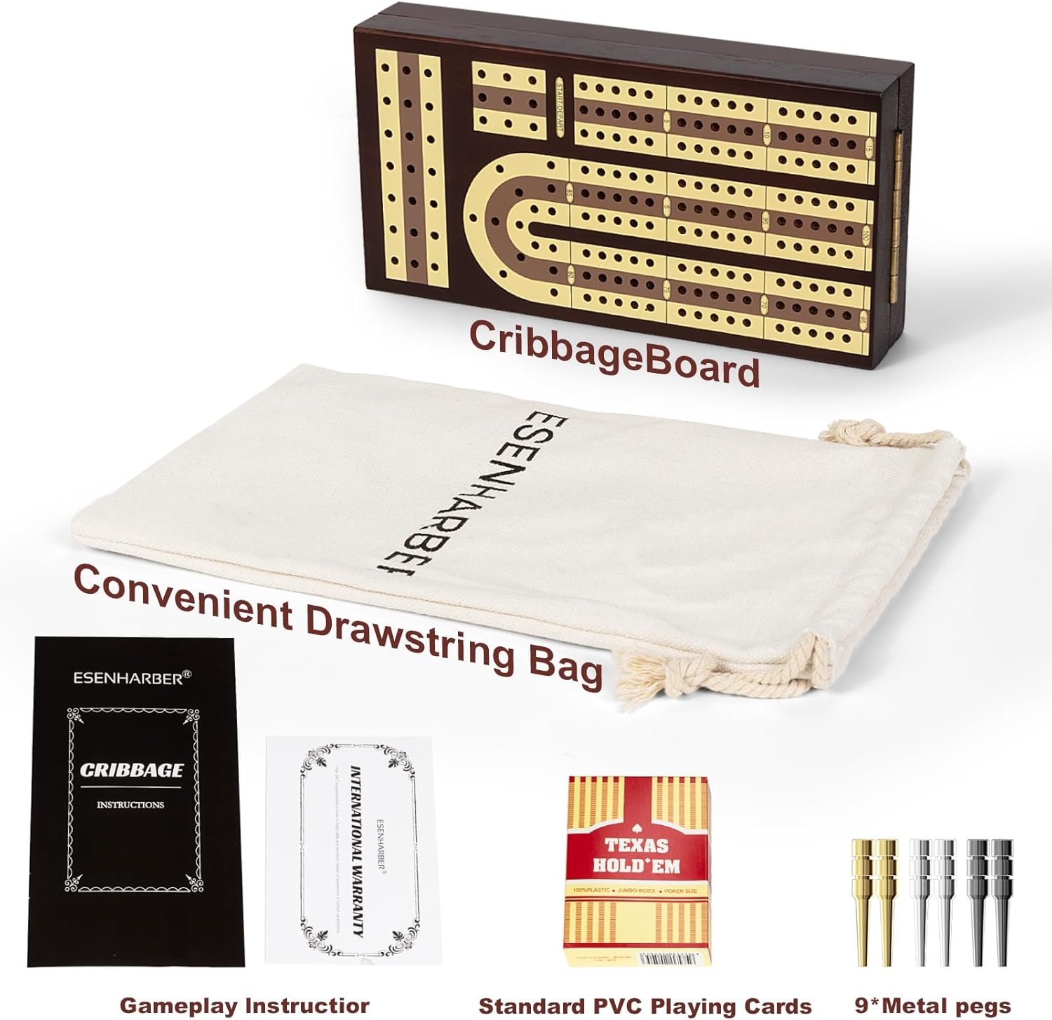Foldable Wooden Cribbage Board Set - Elegant 3-Track Design with Magnetic Closure, 9 Metal Pegs, Full Deck of Cards, Perfect for Family Game Nights and Travel