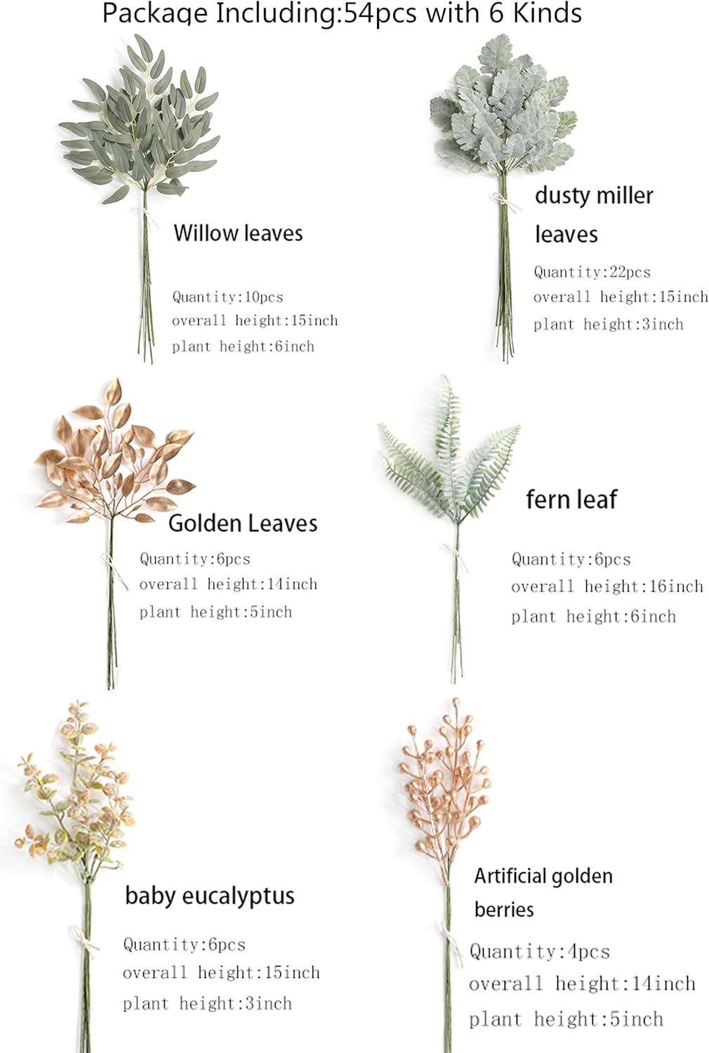 Serra Flora Artificial Greenery Spray Box Set(Pack of 54pcs) with 6 Kinds of Golden Green Filler for Wedding Bouquet Table Centerpieces and Floral Arrangement (Golden&Green)