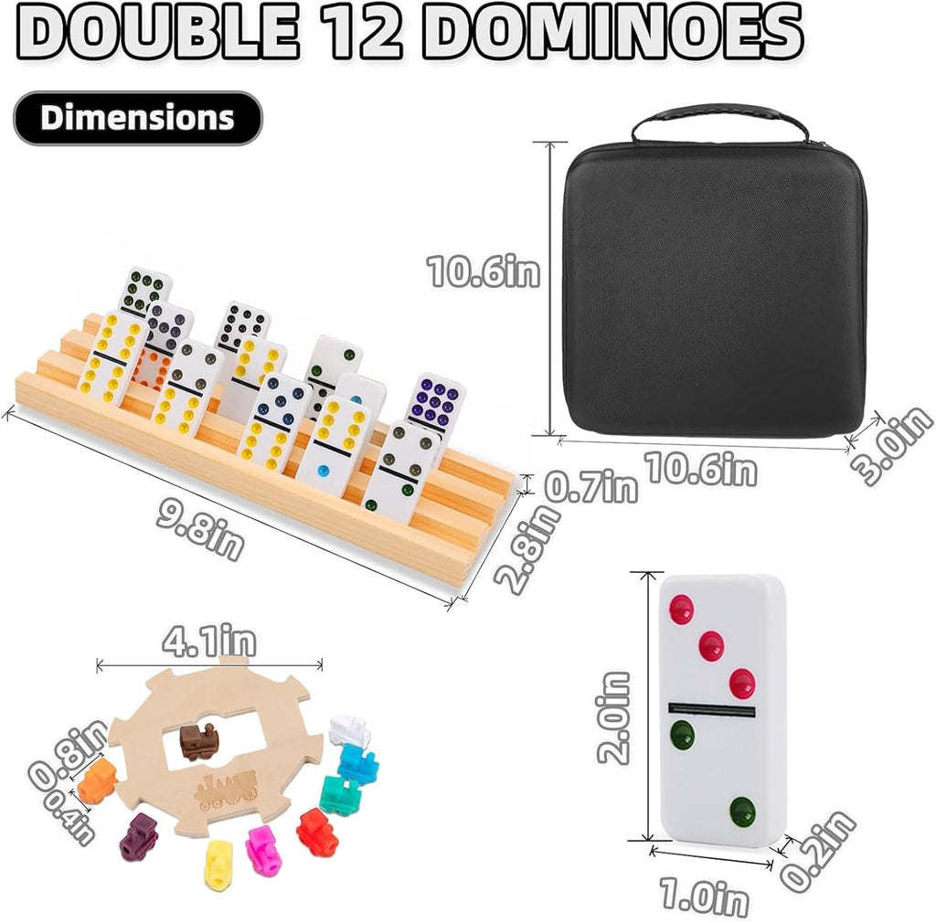 Mexican Train Dominoes Set with 6 Wooden Holders, Double 12 Colored Dot Dominoes with Update Hub, Travel Train Game with 91 Tiles and Portable Carry Case, Family Board Team Games