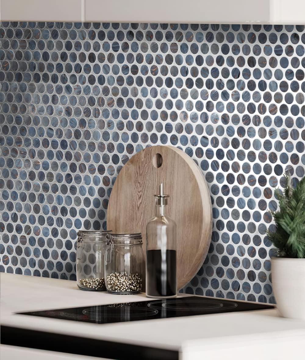 Denim Blue Penny Round Mosaic Glass Tile – Sample Swatch- 4"x5" - Luxurious Design for Bathroom Walls, Kitchen Backsplash, Shower Walls - Elegant Wall Decor - NOT Peel and Stick Tile