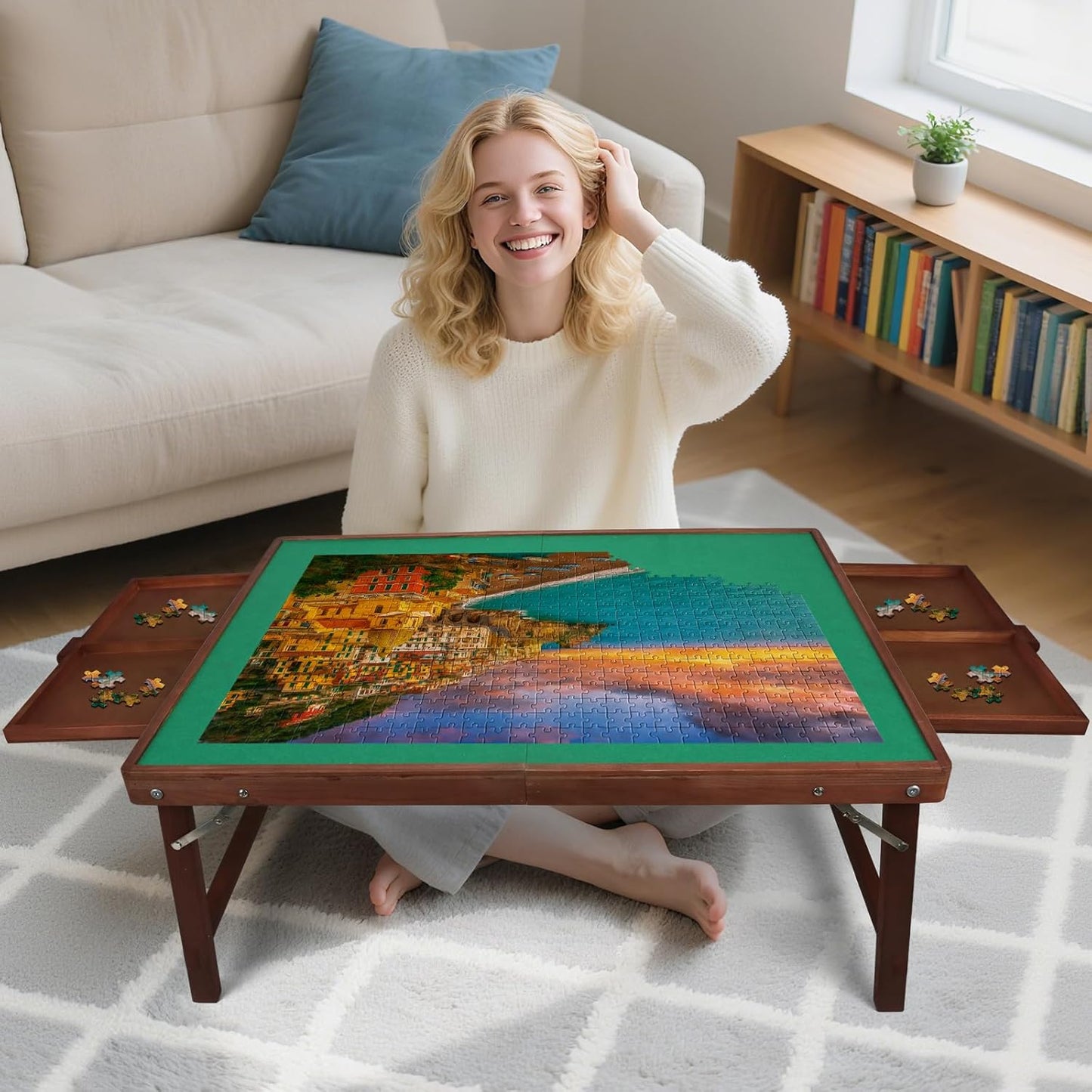 1500 Piece Puzzle Table with Legs, 35" x 26" Wooden Jigsaw Puzzle Board with Drawers, Cover & Felt, Portable Puzzle Table with Folding Legs for Adults and Teens, Christmas Birthday Gift