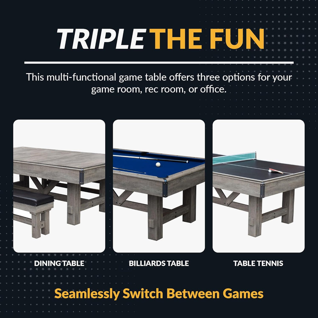 Hathaway Logan 7-ft Pool Table Combo Set with Benches - Rustic Gray with Blue Felt, Barnwood