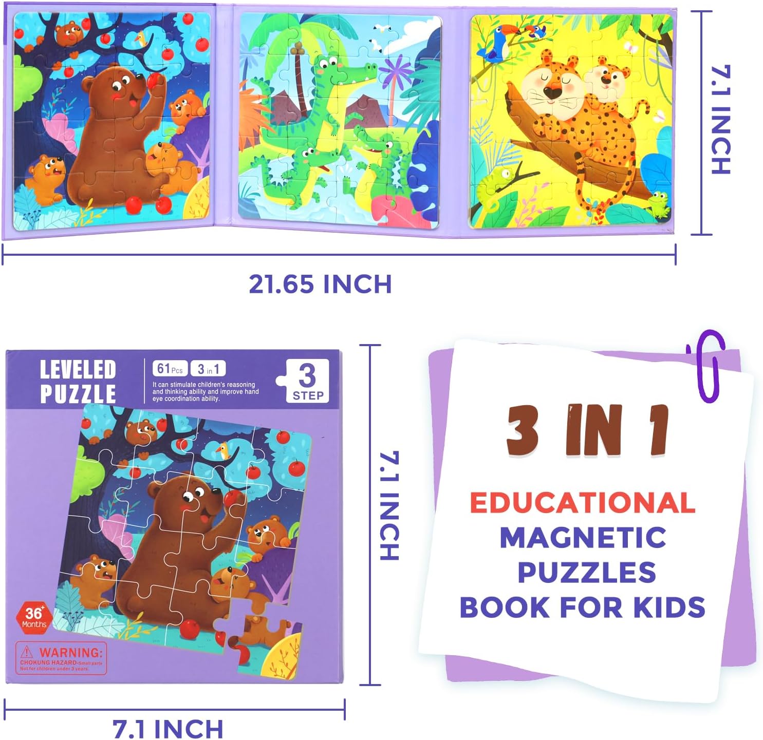 3 in 1 Toddlers Animal Magnetic Jigsaw Puzzle, Travel Puzzles for Preschool Learning, Ages 3-8 (Animal Forest)