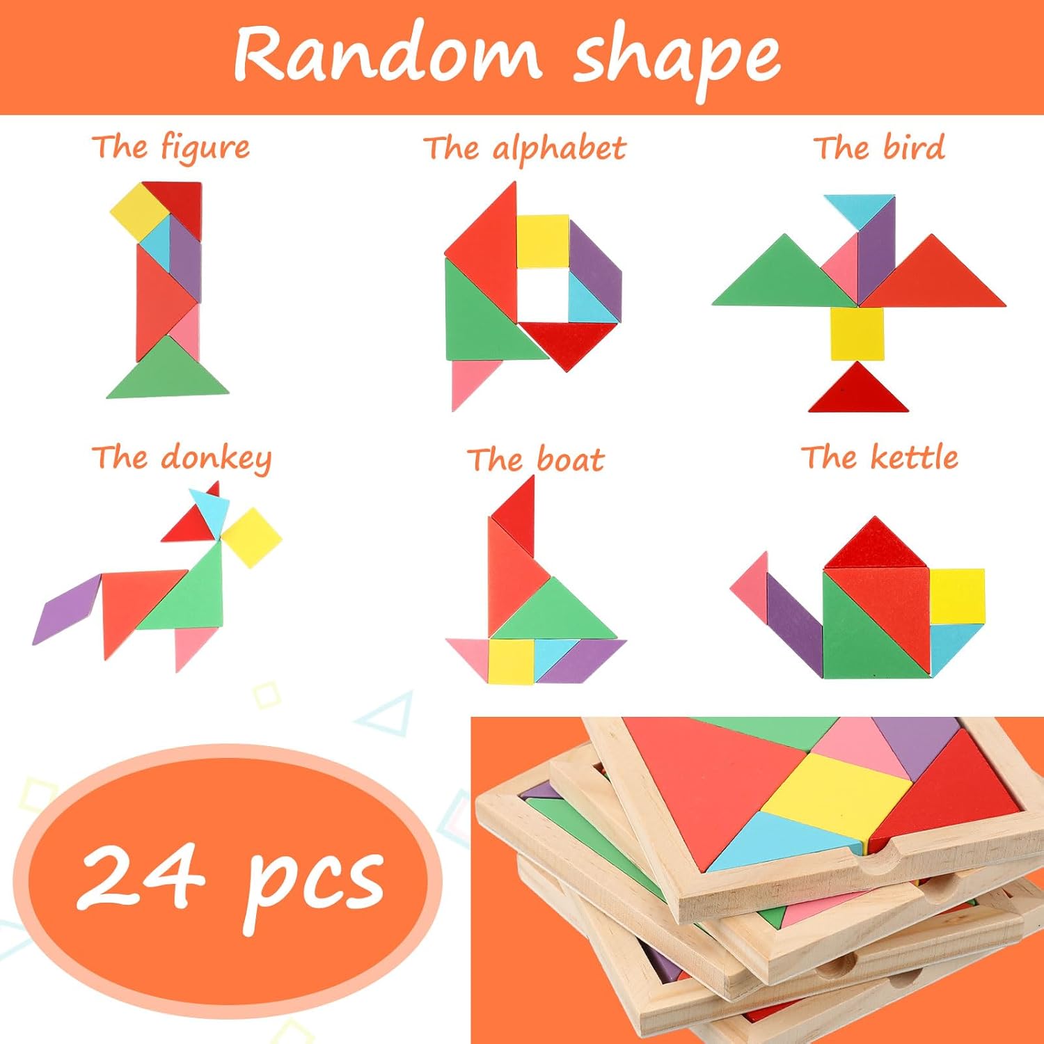 Syhood 24 Pieces Tangrams Puzzles for Students Party Favors Wooden Tangram Pattern Blocks Brain Logic Blocks for Manipulatives Games Educational Gifts and Party Favors(Bright)