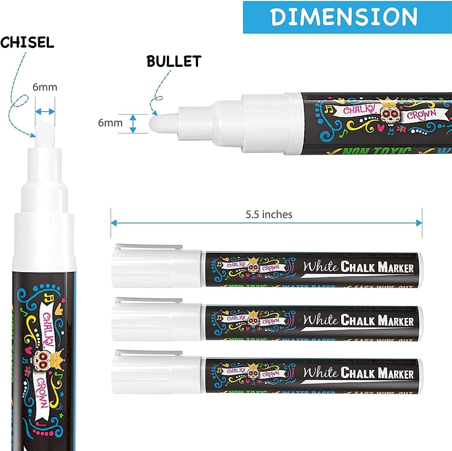 CHALKY CROWN Liquid Chalk Marker Pen - White Drawing Chalk - Chalkboard Markers for Chalkboard Signs, Windows, Blackboard, Glass - 6mm Reversible Tip (5 Pack)