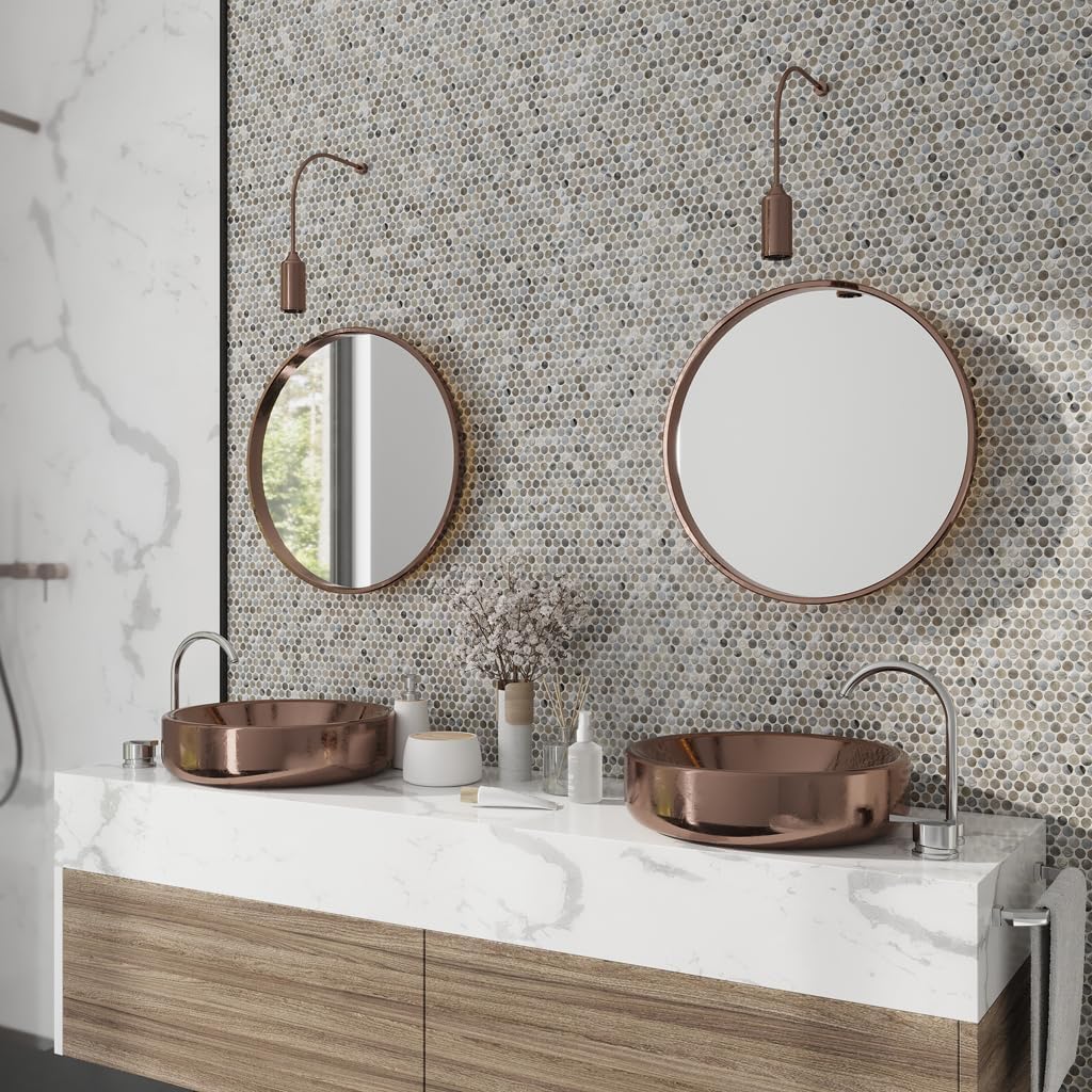 Mixed Gray Penny Round Mosaic Glass Tile – Sample Swatch- 4"x5" - Luxurious Design for Bathroom Walls, Kitchen Backsplash, Shower Walls - Elegant Wall Decor - NOT Peel and Stick Tile