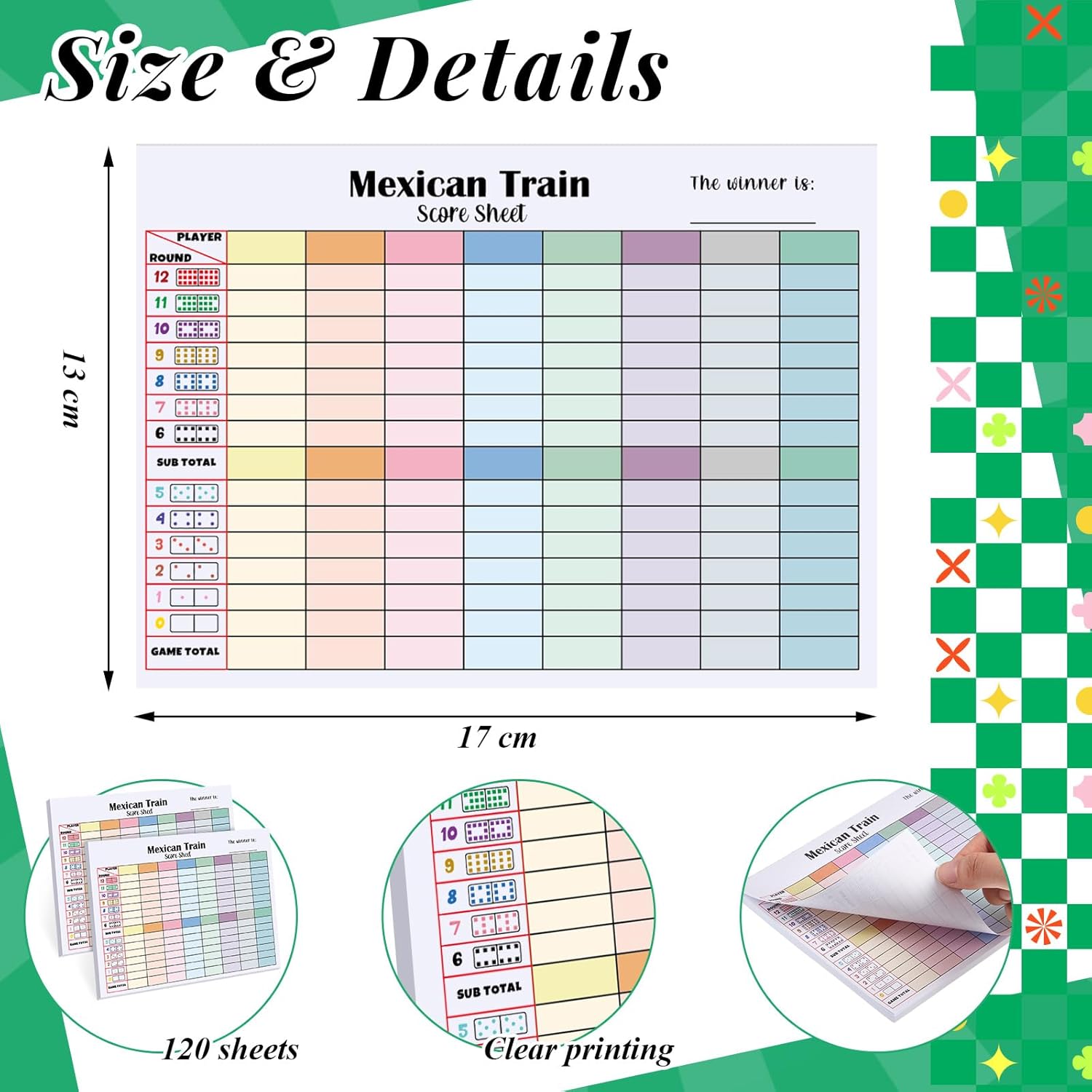 2 Pack 120 Sheets Mexican Train Score Pads Colorful Chicken Foot Dominoes Game Scorepad Adult Mexican Train Score Sheet Scoreboard Paper Record Clearly for Family Game (6.7 x 5 Inches)