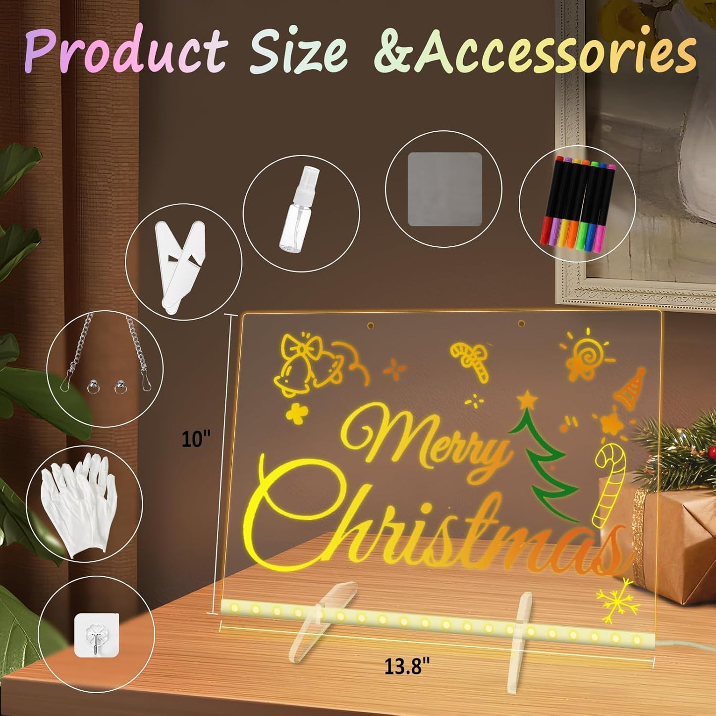 Led Note Board with 7 Colors, 13.8“X10” Lumiboard Led Drawing Board for Kids, 4 Modes Acrylic Dry Erase Board with Light, Glow Rewritable Message Board with Stand, Include 7 Markers, Hanging Chain