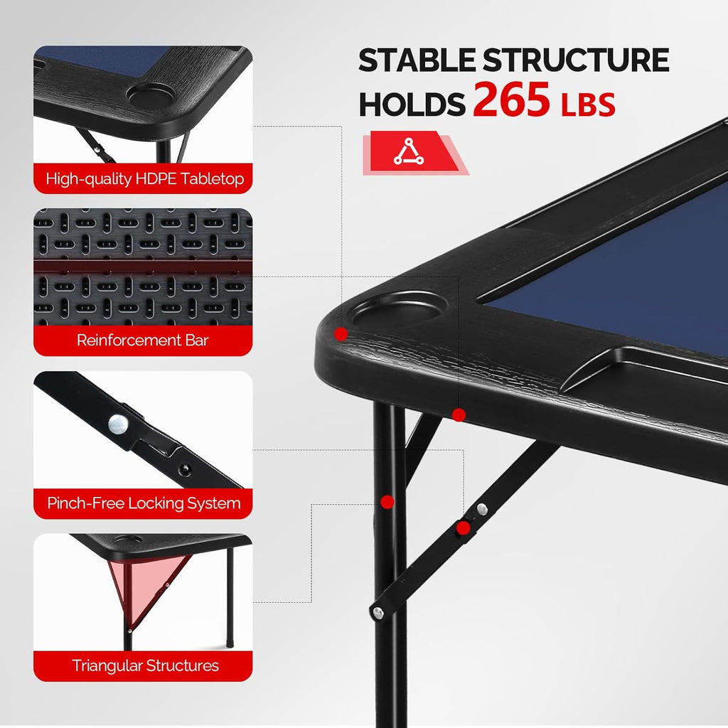 PEXMOR 35" Foldable Mahjong Table, 4 Player Card Game Table w/Cup Holders & Chip Grooves, Portable Folding Poker Domino Board Game Table for Blackjack, Texas Hold'em, Jigsaw Puzzles Game (Blue, 35")