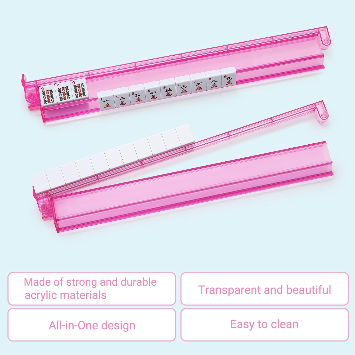 Mahjong Racks with Pushers 4PCS Set Majiang Tile Holder Acrylic Mahjong Racks Accessories and Gifts-Pink