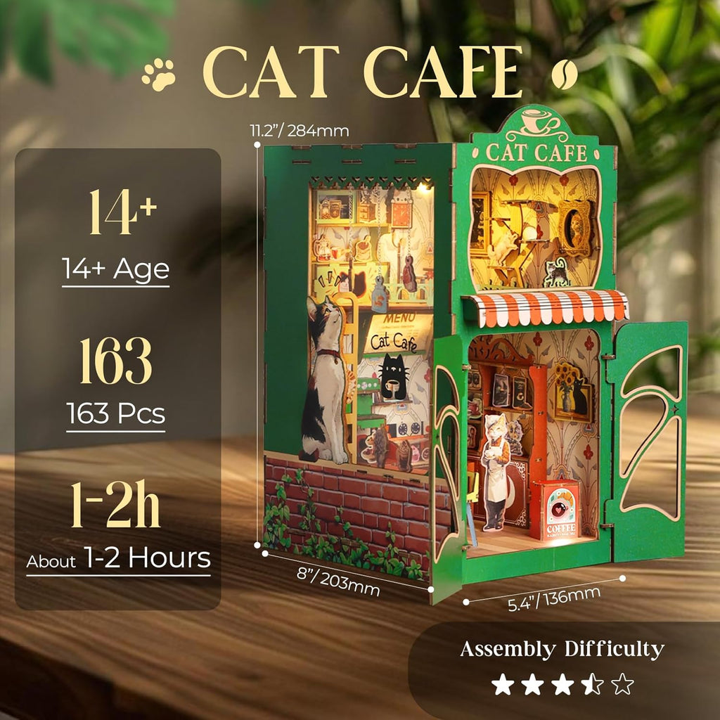 Book Nook Kit,DIY Miniature House Kit for Adults, Teens and Beginners, Dollhouse Booknook Cat Cafe Tiny House Bookshelf Decor 3D Wooden Puzzle, Gifts for Family, Friends