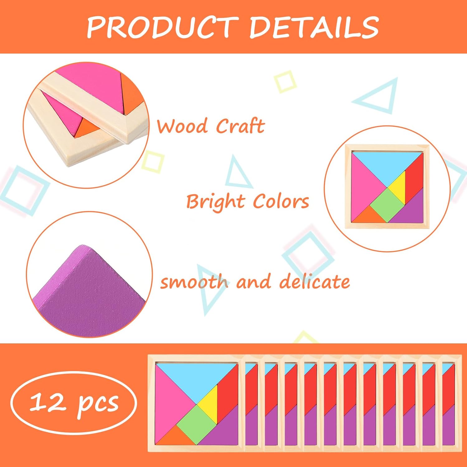 Meooeck 12 Pack Tangrams Wooden Puzzles Tangrams Classroom Set for Kids Shape Puzzles Brain Logic Blocks for Games Educational Gifts for Adults Kids Ages 4-8 8-12(Classic Style)