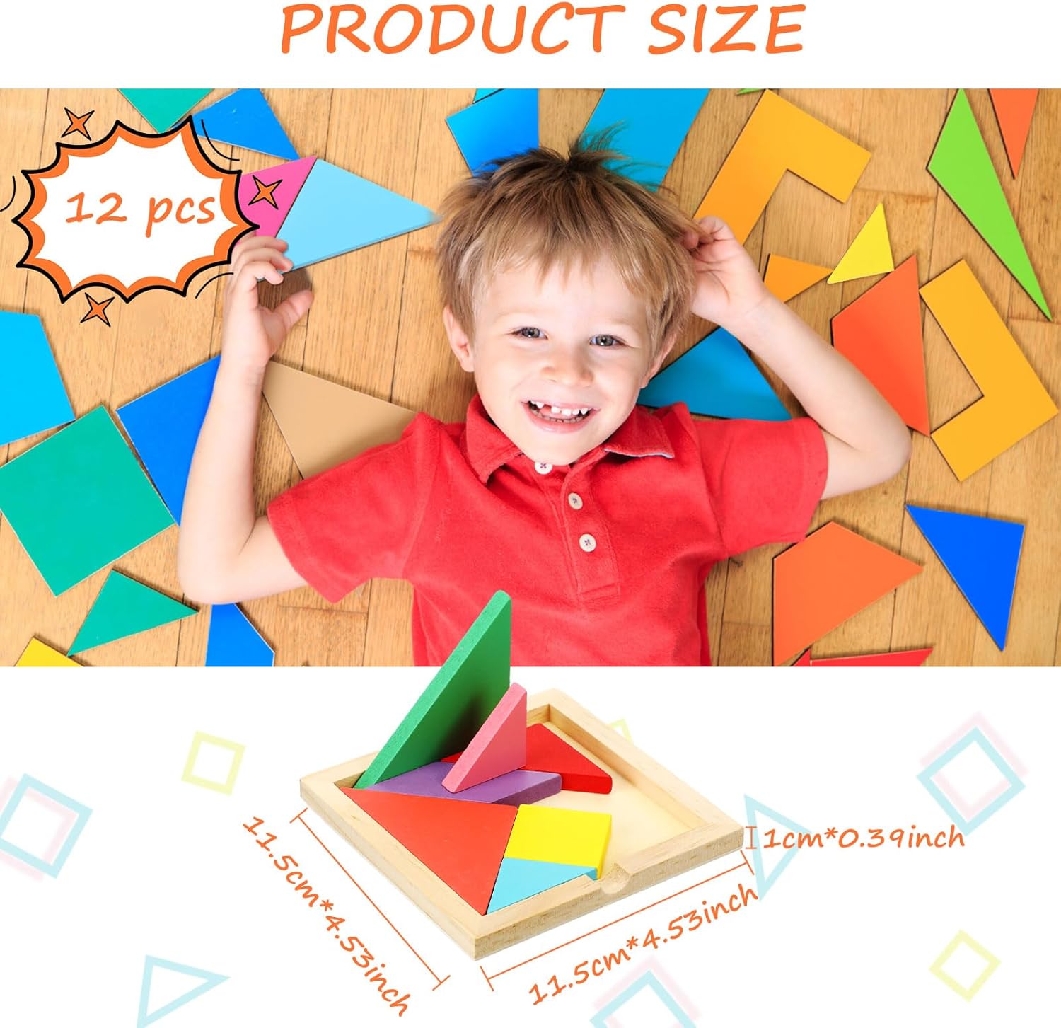 Meooeck 12 Pack Tangrams Wooden Puzzles Tangrams Classroom Set for Kids Shape Puzzles Brain Logic Blocks for Games Educational Gifts for Adults Kids Ages 4-8 8-12(Notch Style)