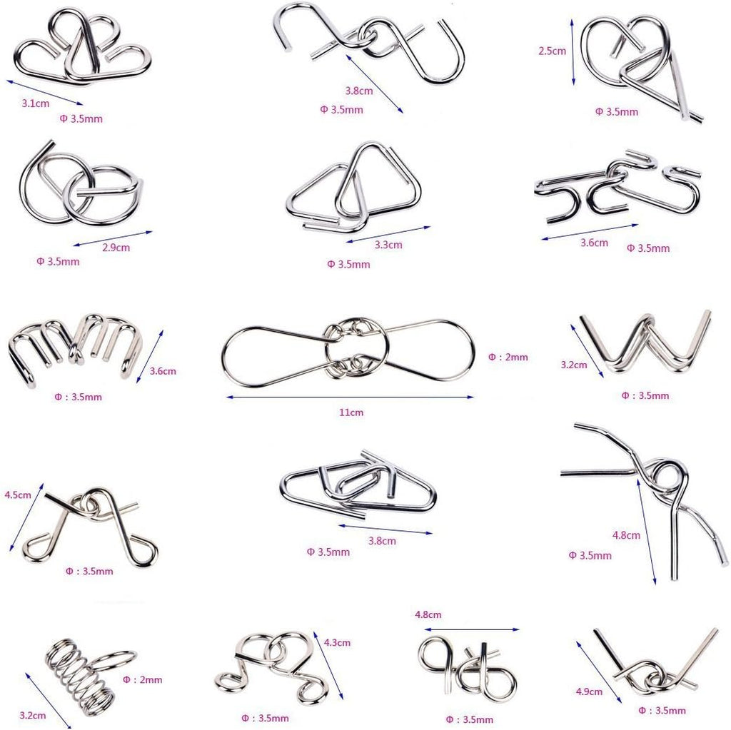 Ahyuan Metal Wire Puzzles Set of 16 Large Thick IQ Test Mind Games Toys Brain Teaser Puzzles Metal Wire Magic Trick Toy Metals IQ Puzzle Fidget Toys Party Favors for Kids Adults Challenge (Silver)