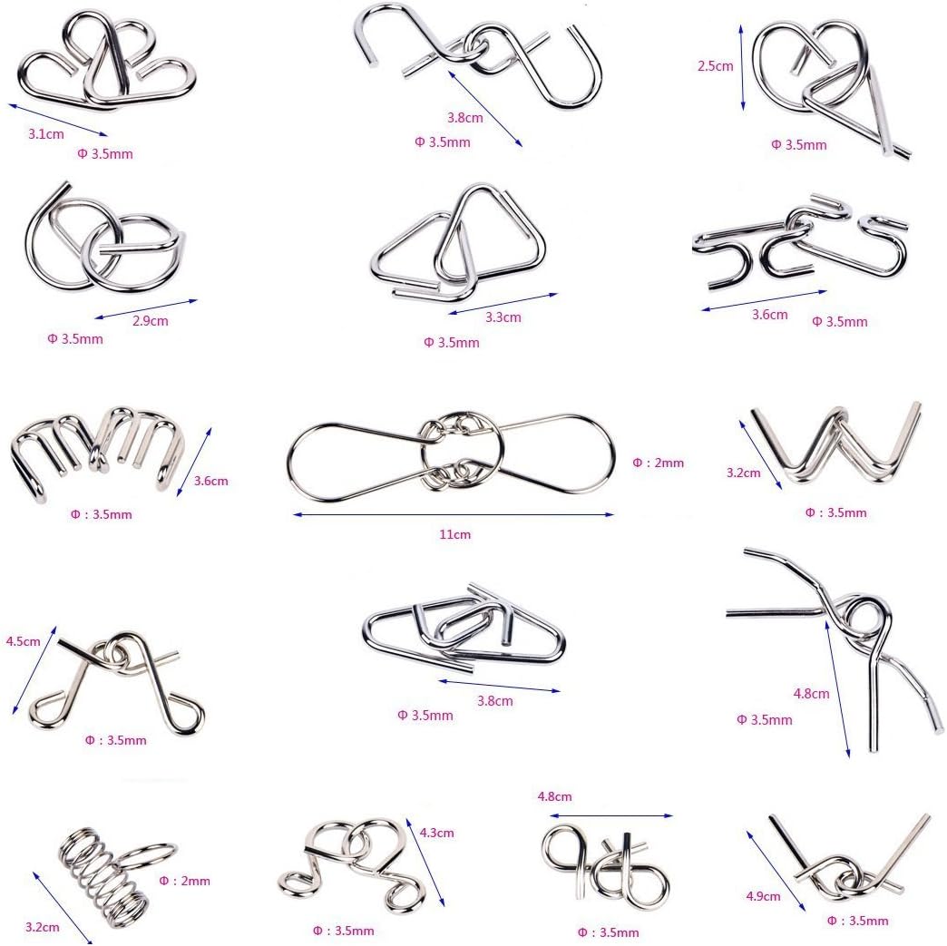 Ahyuan Metal Wire Puzzles Set of 16 Large Thick IQ Test Mind Games Toys Brain Teaser Puzzles Metal Wire Magic Trick Toy Metals IQ Puzzle Fidget Toys Party Favors for Kids Adults Challenge (Silver)