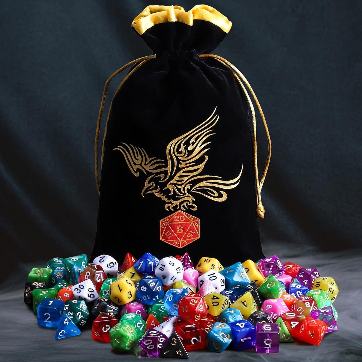 QMay DND Dice Set 15 X 7 Polyhedral Dice (105pcs) with 1 Large Flannel Bag, D&D Dice (D4 D6 D8 D10 D% D12 D20) for Dungeons and Dragons RPG MTG Table Games