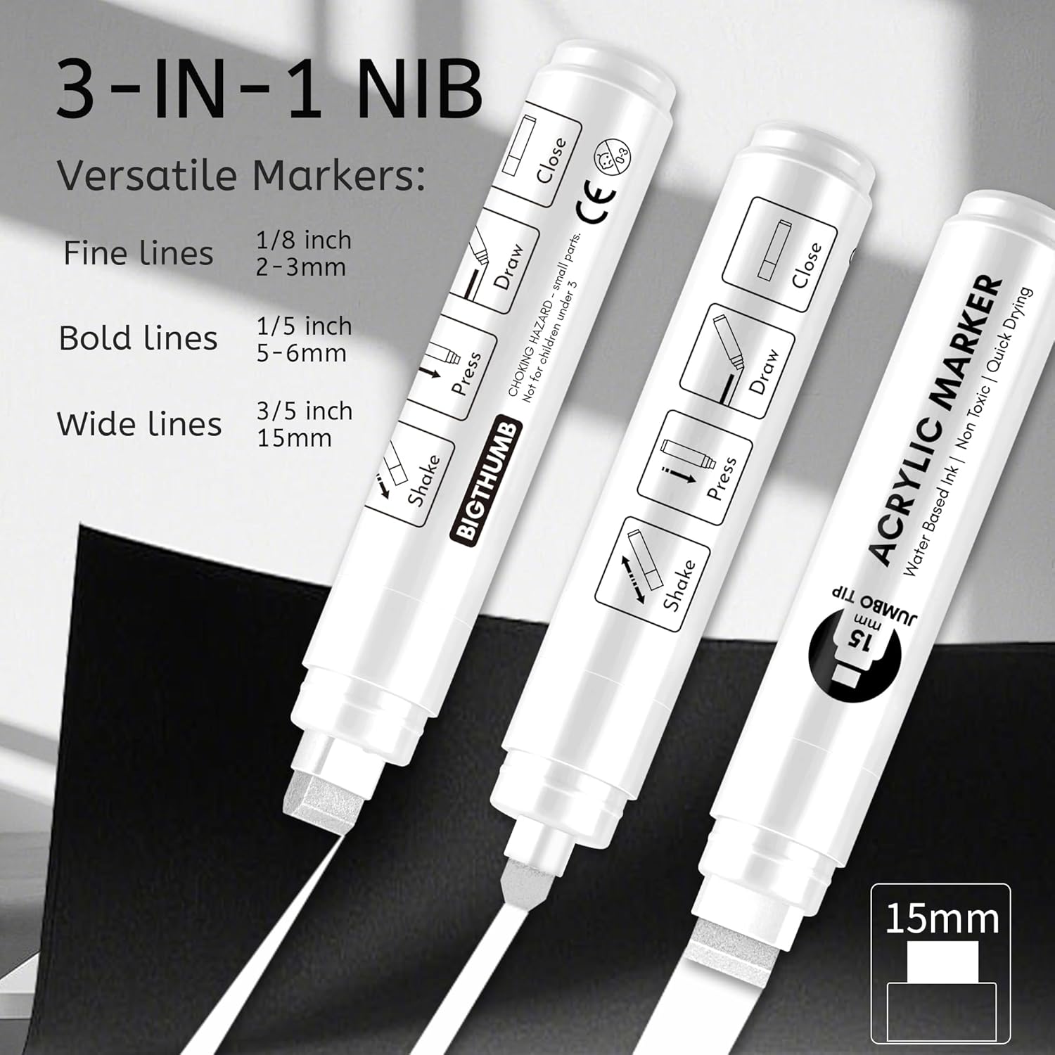 Jumbo Poster Markers Set: 12 Colors Large 15mm Wide Tip Permanent Ink Thick Acrylic Paint Pens for Rock Painting, Stone, Glass, Wood, Ceramic, Metal, Plastic, Fabric