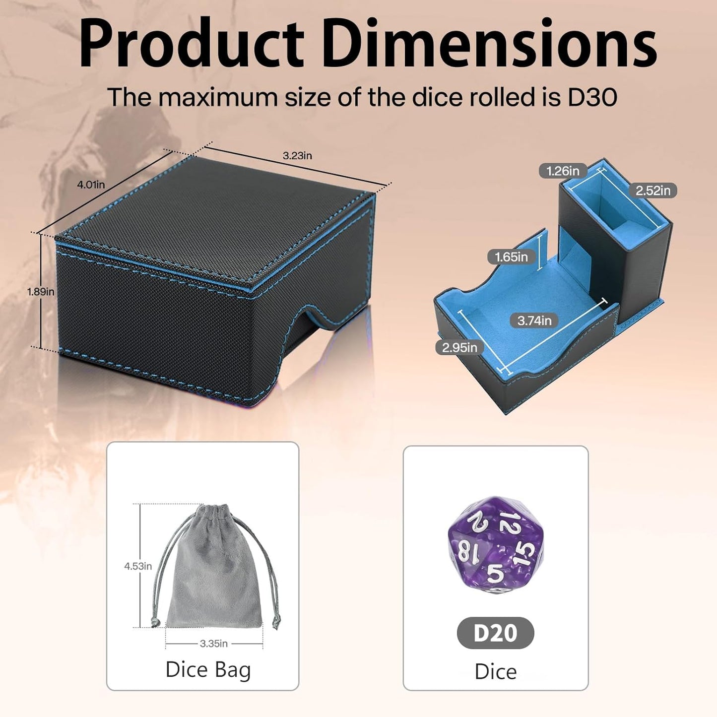 Dice Tower and Tray, Portable Commander Deck Box, Foldable Dice Storage Box for Dungeons and Dragons Rolling Tray Black/Blue