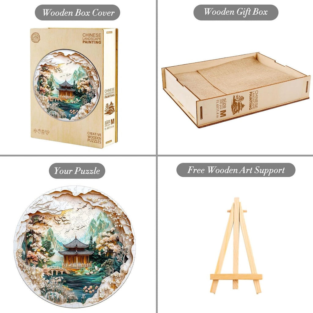 KAAYEE Wooden Puzzles for Adults, 3D Visual Effect Chinese Landscape Painting Wooden Jigsaw Puzzle Unique Shape Wood Puzzle Adult, 3D Effect Flat Puzzle Birthday Family Games (S-8.5 * 8.5 in-100pcs)