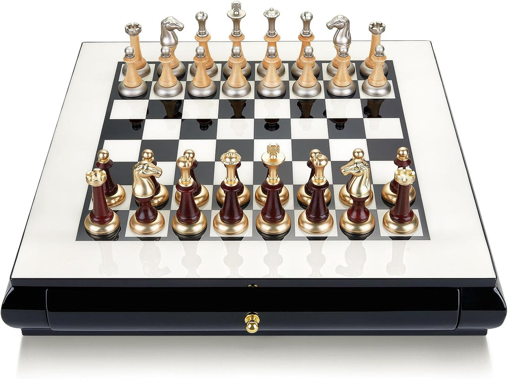 AMEROUS 16 Inches Wooden Chess Set, Large Size Board with 2 Built-in Storage Drawers - 2 Extra Queens - Metallic & Wooden Chess Pieces - Gift Packaging, Board Games for Adults and Kids