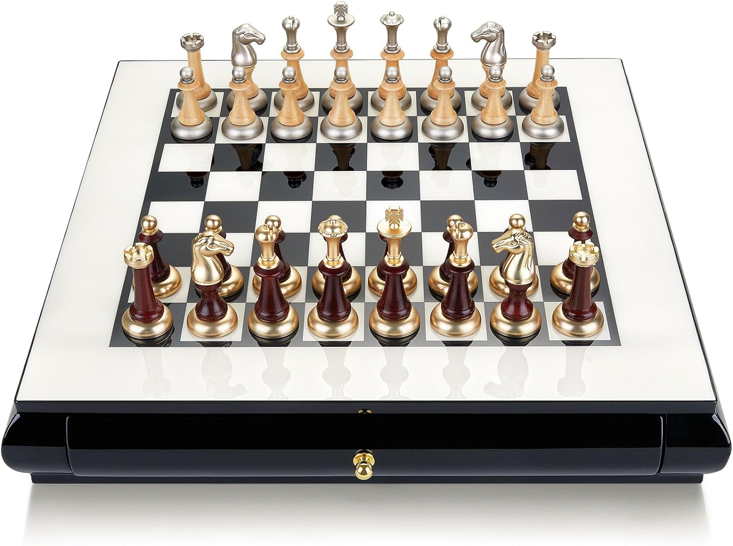 AMEROUS 16 Inches Wooden Chess Set, Large Size Board with 2 Built-in Storage Drawers - 2 Extra Queens - Metallic & Wooden Chess Pieces - Gift Packaging, Board Games for Adults and Kids