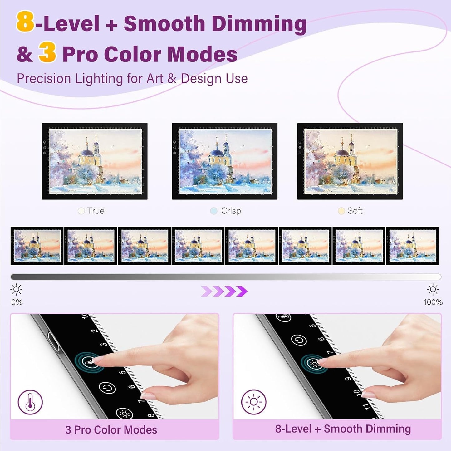 ZEXALIGHT A2 Light Box for Tracing, Light Pad for Diamond Painting with 8 Levels/Stepless Dimming Brightness and 3 Color Modes, Ultra-Thin Copy Board Light Table for Artists Tracing Drawing (Purple)