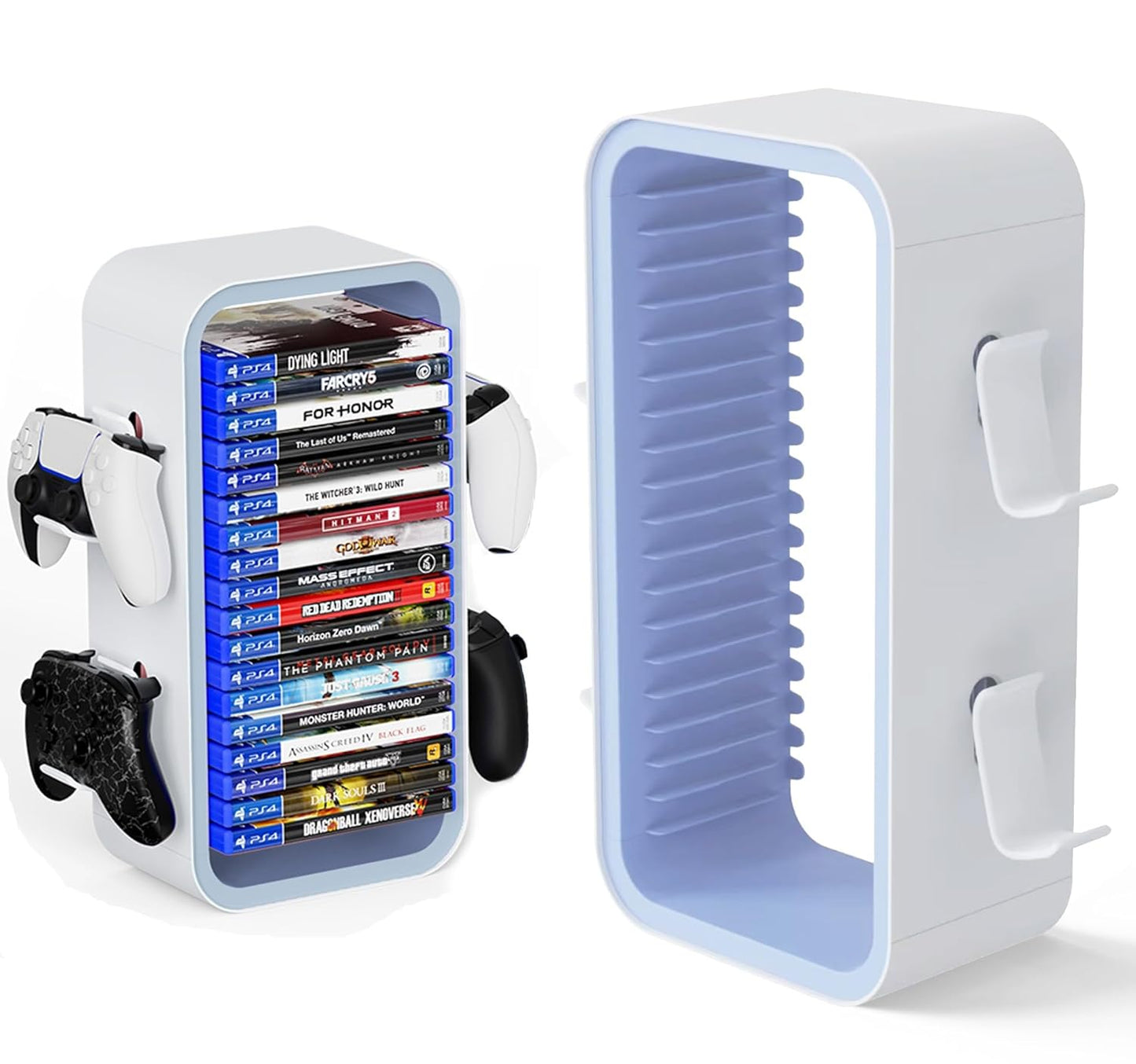 wigmoa OYO-1【15.8INCH】 game Storage Tower Compatible with PS5/ Xbox Series S & X/Switch, Universal Video Games Discs Organizers 18 PCS with 4 Controllers Holder, Game Disk Box Stand.(White/Blue)