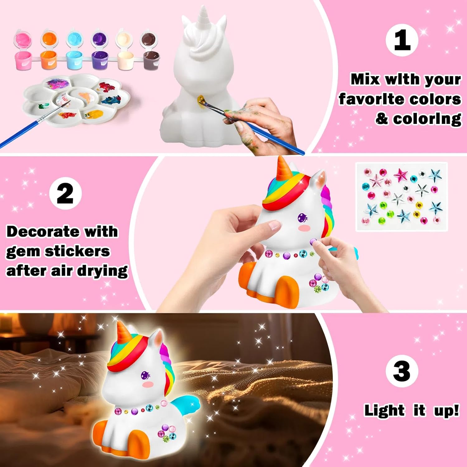 FUNZBO Paint Your Own Unicorn Lamp Kit - Halloweens Arts and Crafts Supplies Painting Kits for Kids Teens, DIY Night Light Unicorn Toy for Toddlers Girl Boy Age 3 4 5 6 7 8 9 10 11 12 13 Birthday Gift