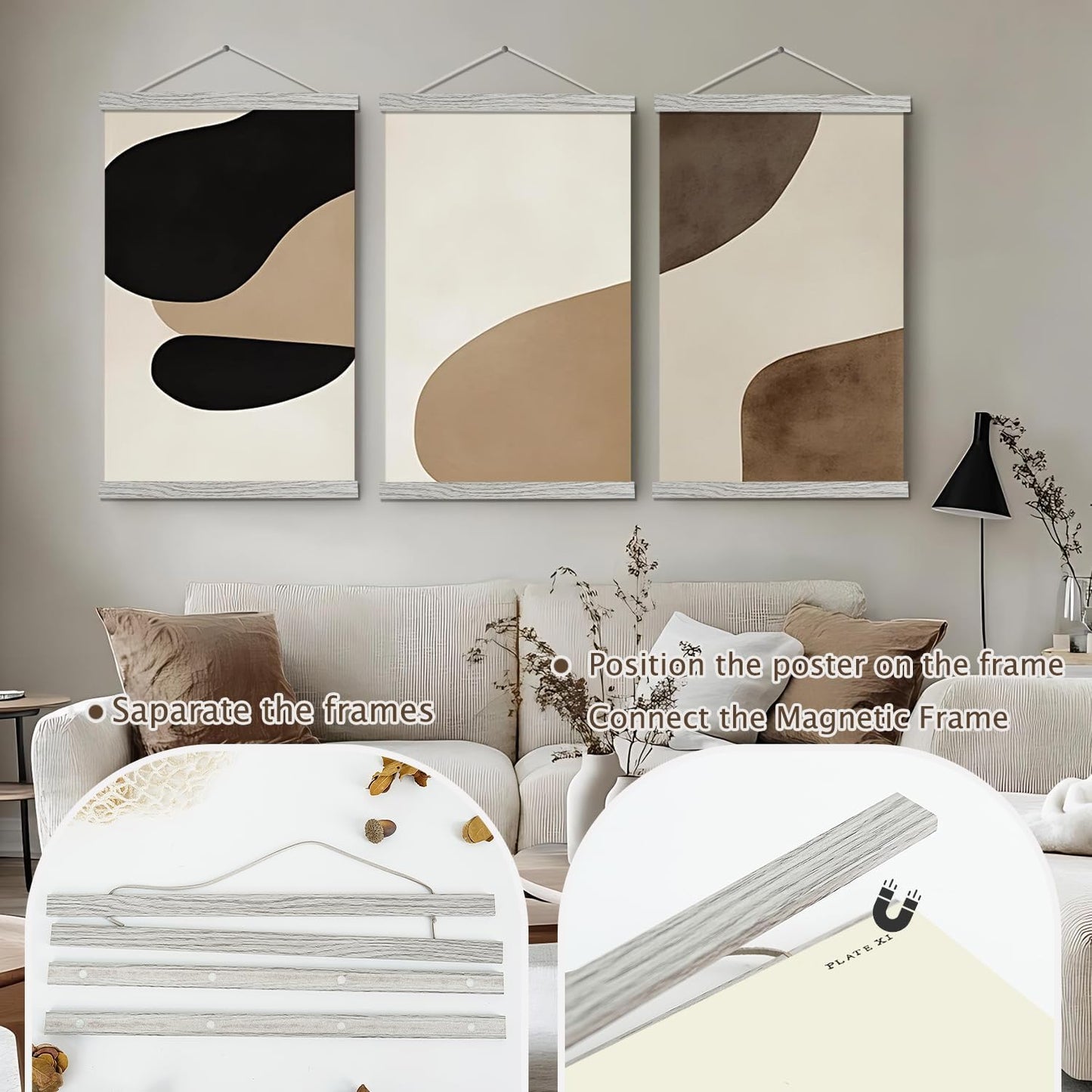 Artmag Magnetic Poster Hanger Frame, 33x24 33x23 33x47 Light Wood Wooden Magnet Canvas Artwork Print Poster Hangers Frames Hanging Kit (Grey, 33")