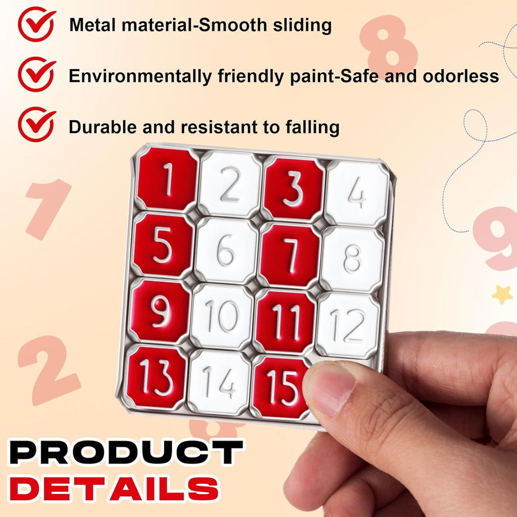 Metal Number Slide 15 Puzzle Red and White Number Sliding Puzzle Educational Pocket Funny IQ Game for Teens and Adults, Ideal for Learning Tool Party Favors(Red and White,4 Pack)