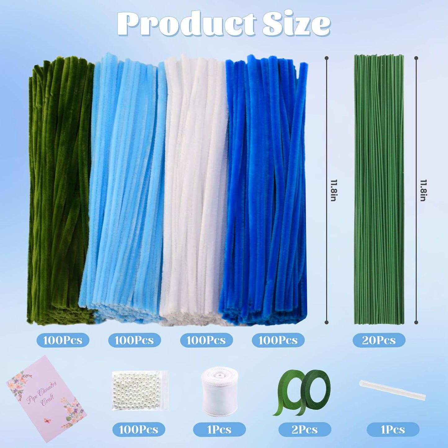 400 Pcs Pipe Cleaners Craft Set, 4 Assorted Blue Pipe Cleaners Bulk, Chenille Stems for DIY Flower Making Kit with Floral Stems, Gardening Tape, Pearl, Ribbon for DIY Bouquet Gift (Blue)
