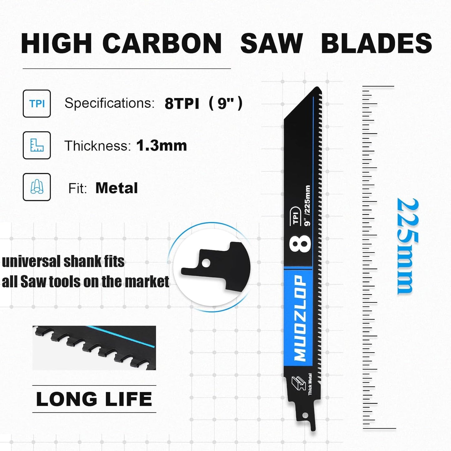 5 Pack 9 inch Reciprocating Saw Blades Set，8 TPI High Carbon Saw Blades for Metal ，Saw Blades with Organizer Case (5, 8T/9inch)