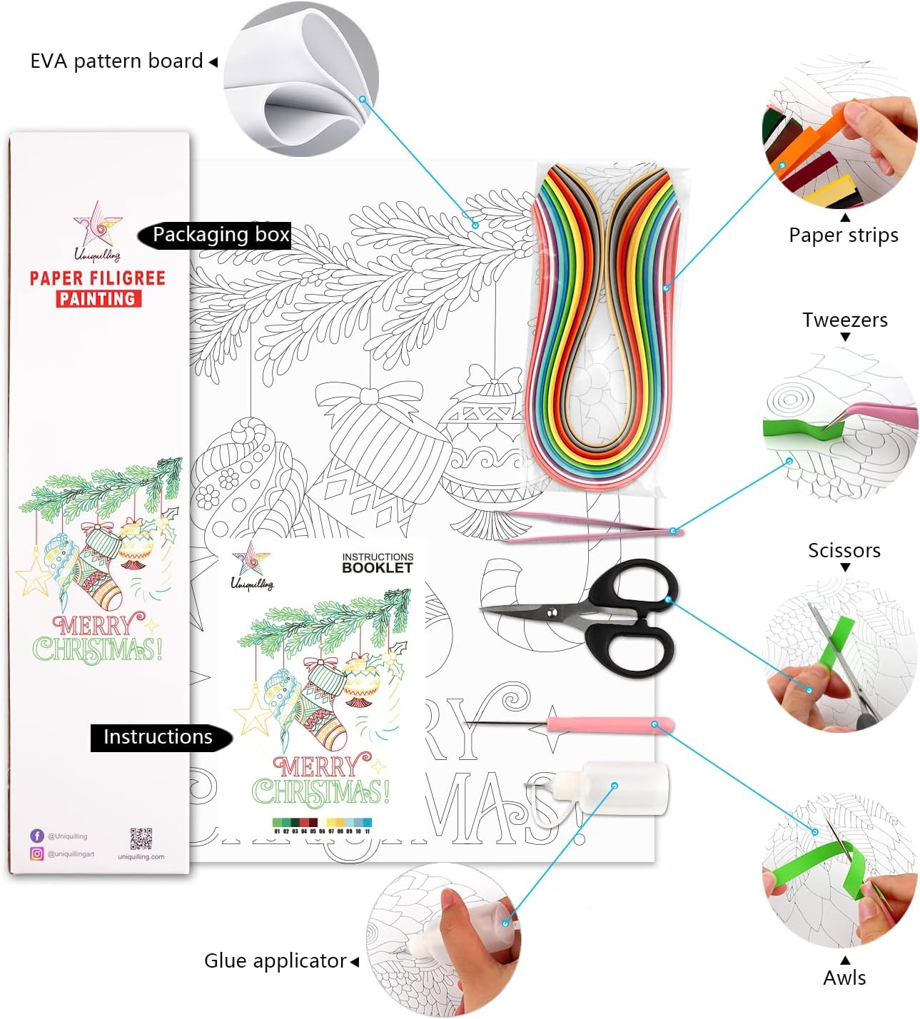 Uniquilling Christmas Quilling Kits, Paper Quilling Kit with Quilling Tools& Using Manual, 16 * 20-in Christmas Decorations Paper Filigree Kits, DIY Quilling Christmas Gifts for Friends Family