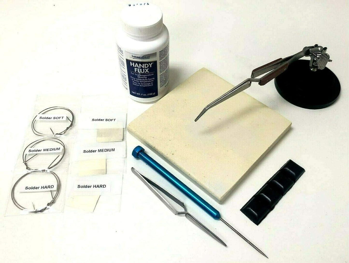 Soldering Kit for Jewelry Making Handy Flux 3rd Hand Base Fiber Grip Tweezers Silver Wire and Sheet Ceramic Board Soldering Pick