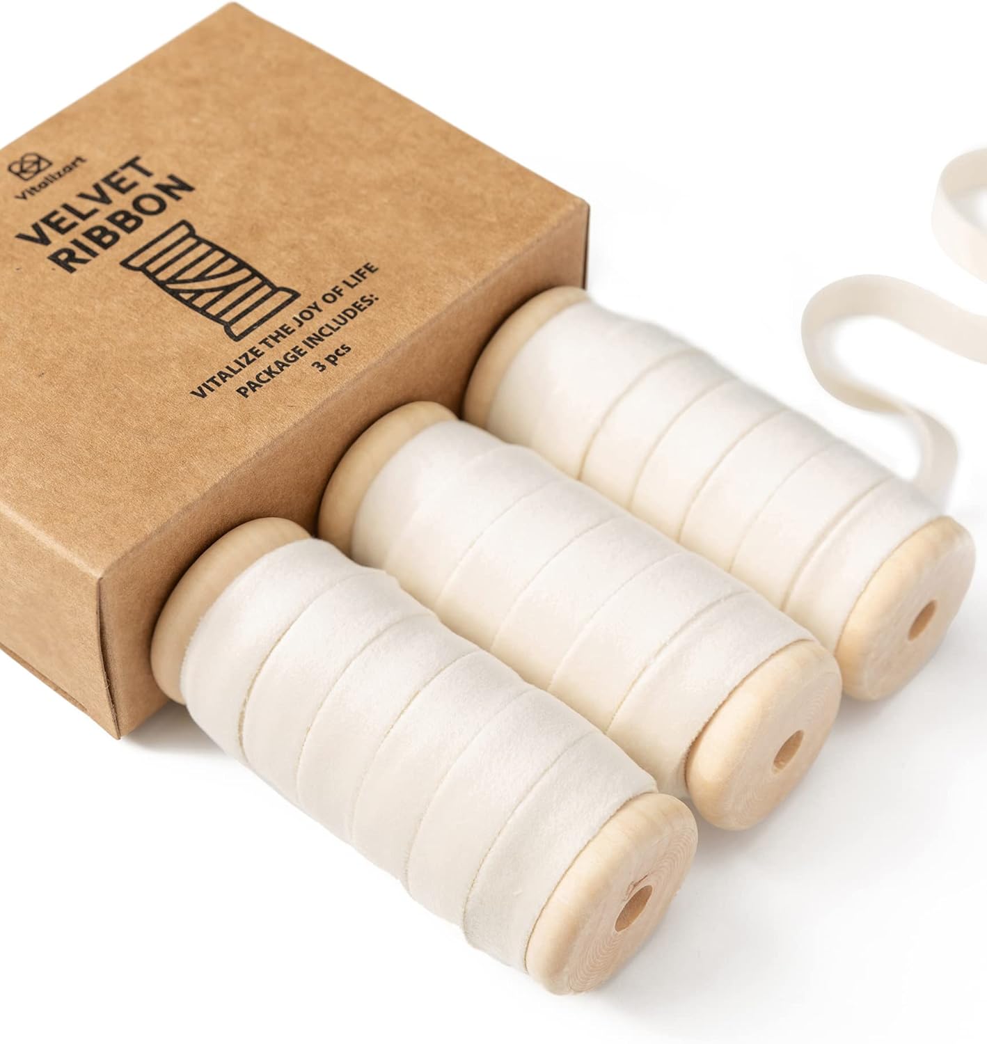 Vitalizart Ivory Velvet Ribbon Set 3/8" x 15 Yd Wooden Spool Fabric Trim 3 Rolls * 5 Yd for Christmas Wreath Decoration Handmade Craft Ornaments Gift Wrapping & Bow Making