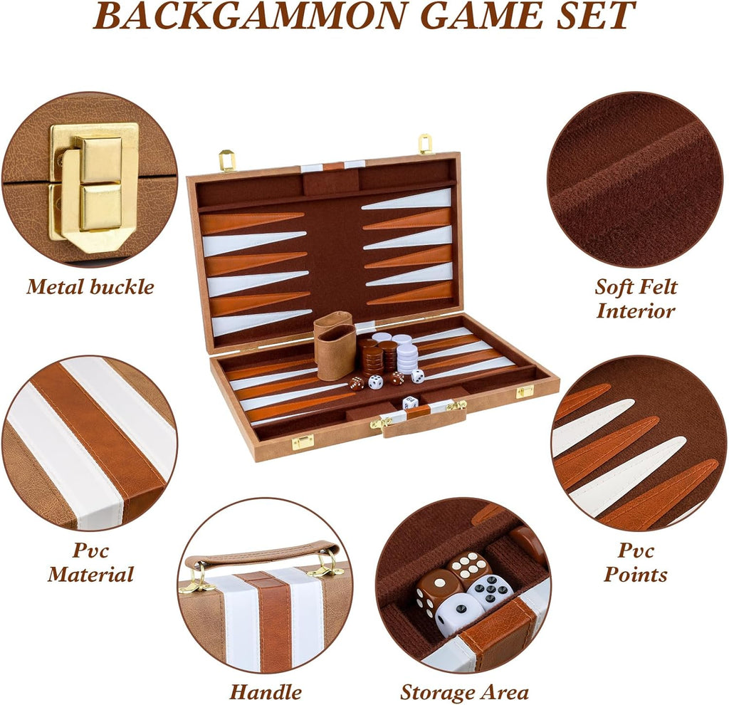 Backgammon Set 2 Players Classic Backgammon Sets for Adults Board Game with PU Leather Case Portable and Travel Backgammon Set (Retro Brown, 18inch)