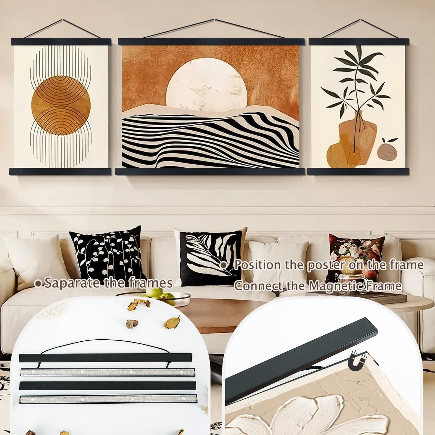 Artmag Magnetic Poster Hanger Frame, 31x24 31x21 Light Wood Wooden Magnet Canvas Artwork Print Poster Hangers Frames Hanging Kit (Black, 31")