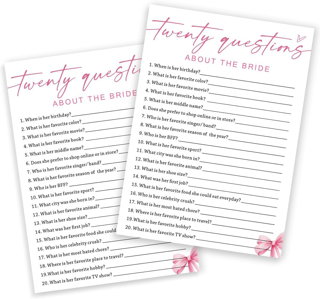 Wedding Shower Games Cards, Twenty Questions About The Bride, Bridal Shower Games 25 Guests, Engagement Party Wedding Games for Guests, Pink Ribbon Bow Wedding Party Supplies - E05