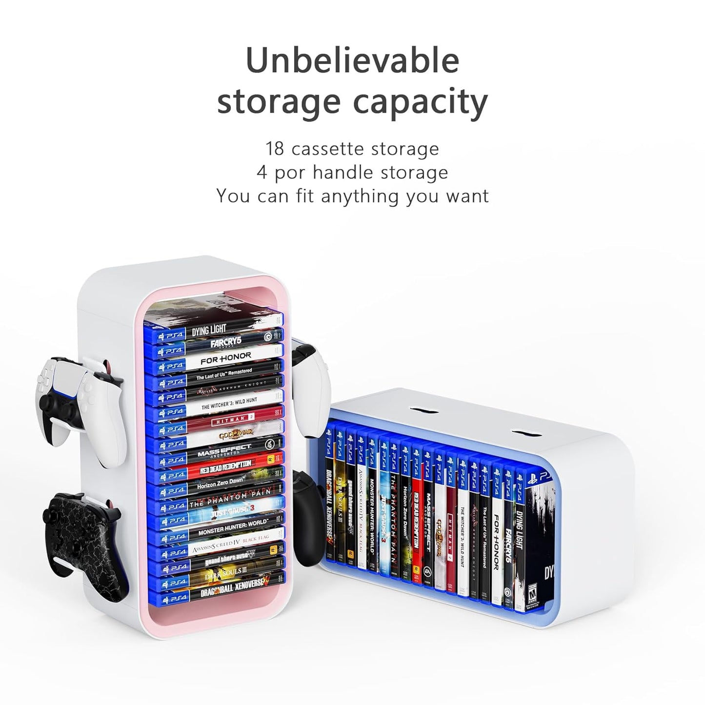 wigmoa OYO-1 15.8INCH Game Storage Tower Compatible with PS5/ Xbox Series S & X/Switch, Universal Video Discs Organizer 18 PCS with 4 Controller Holder, Game Disk Box Stand (White/Gray)