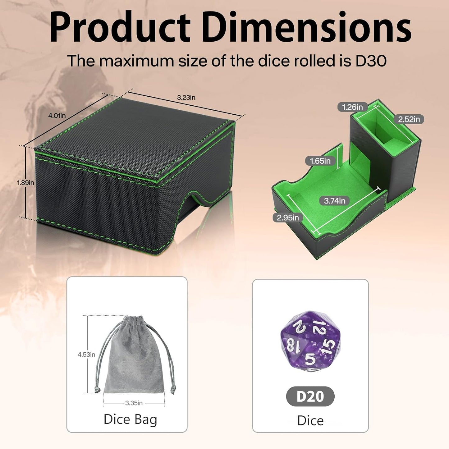 Dice Tower and Tray, Portable Commander Deck Box, Foldable Dice Storage Box for Dungeons and Dragons Rolling Tray Black/Green