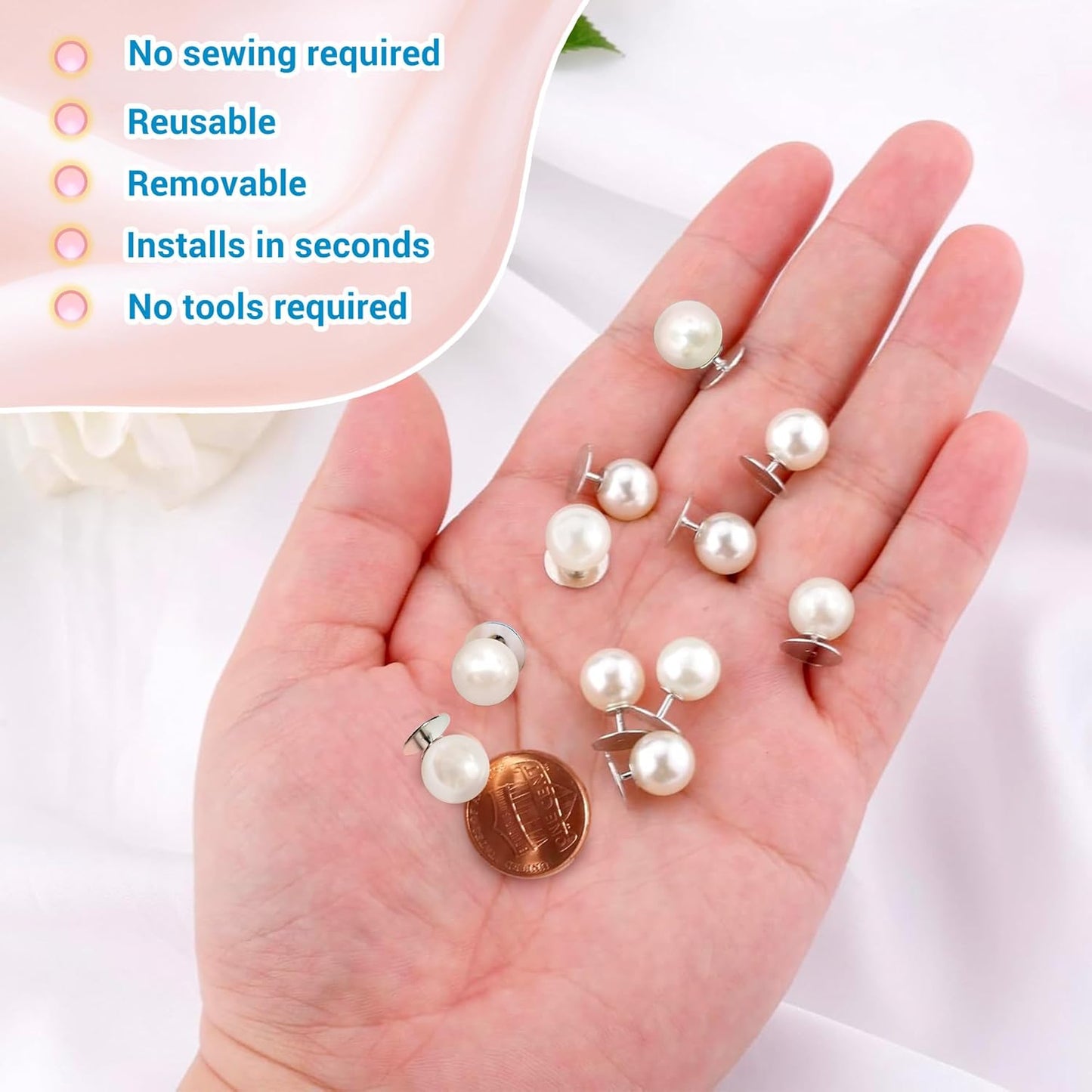 50 Sets Pearl Buttons No Sew Buttons for Clothes, 10mm Pearl Brooch Pins Reusable for Women, White Safety Pins for Dresses, Shirts, DIY Crafts, Fashion Decorative Accessories