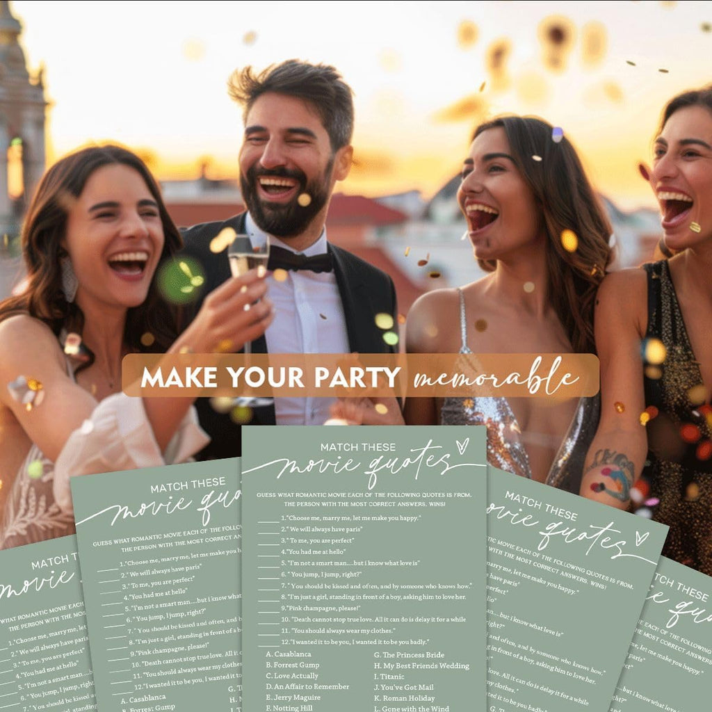 Bridal Shower Games Cards, Match These Movie Quotes, 25 Game Cards with 1 Answer Card, Engagement Party Wedding Games for Guests, Minimalist Green Wedding Party Supplies - C09